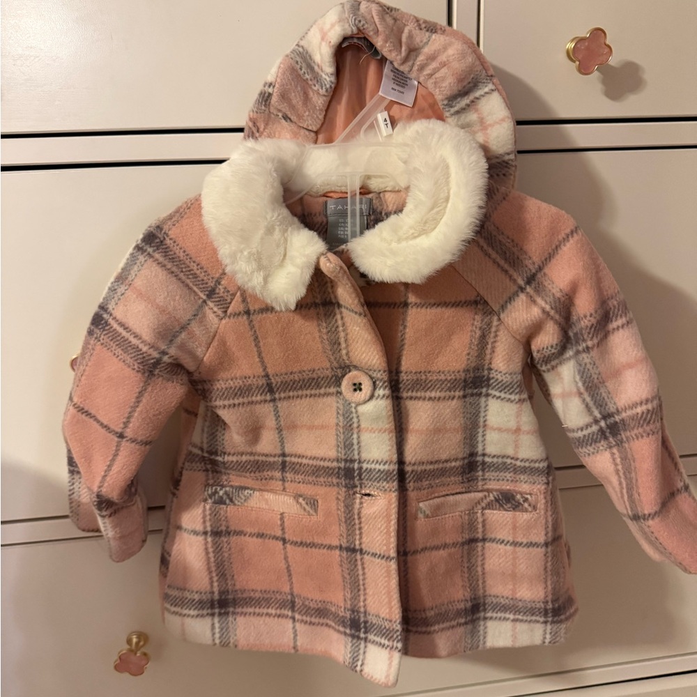 Tahari Charming Pink Plaid Kids Girls Toddler Pea Coat with Faux Fur